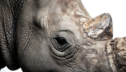 Close-up portrait of a rhinoceros showing its eye and horn in detail