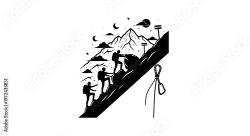 Silhouetted climbers ascending mountain peak against a black and white sky
