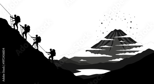 Silhouetted climbers ascending mountain peak against a dramatic sky