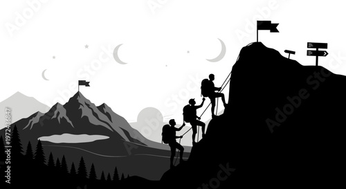 Silhouetted climbers ascending mountain to reach flag with directional signs