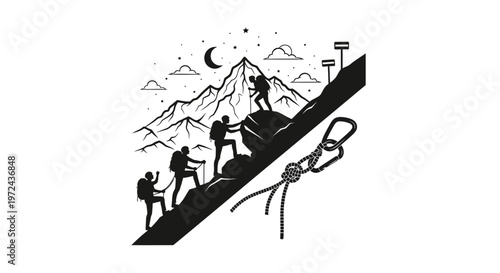 Silhouetted climbers ascending mountain peak with gear vector illustration