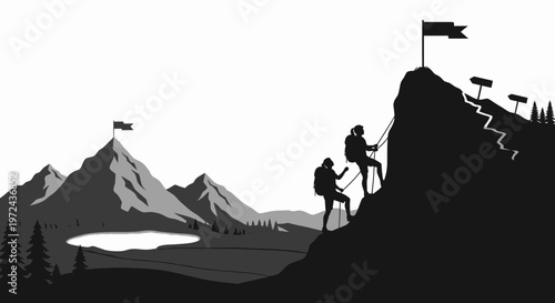 Silhouetted climbers ascending rocky mountain peak with flag on top