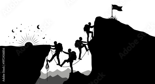 Silhouetted climbers reaching a mountain peak with a flag symbolizing success
