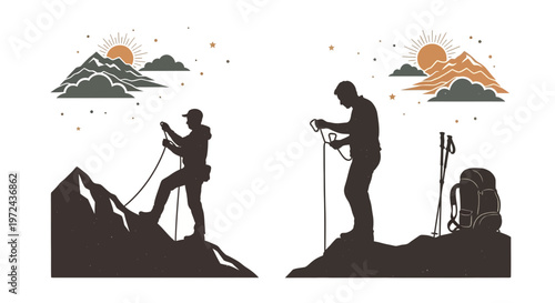 Silhouetted climbers on mountain peaks with hiking gear vector illustration