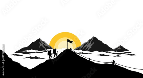 Silhouetted climbers on mountain peak with flag reaching goal at sunset