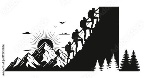Silhouetted climbers ascending rocky mountain peak with sun and trees