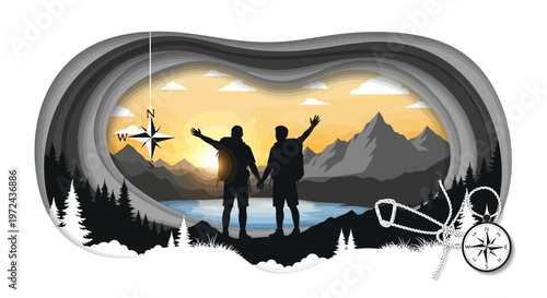 Silhouetted figures celebrate adventure with backpacks against mountain landscape