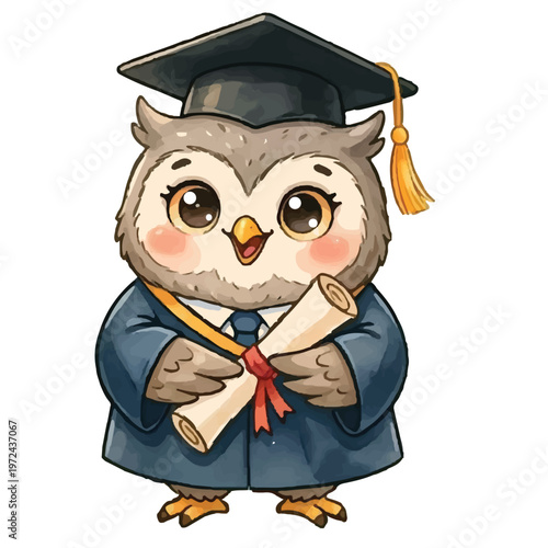 Wise cartoon owl teacher with books wearing a graduation cap representing education and learning
