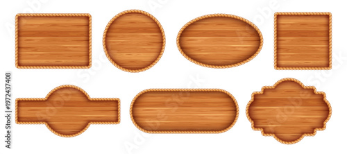Wooden signs edged with rope. Set of wooden planks various shape. Old nautical signboards with wooden texture. Vector illustration