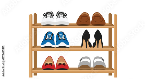 Wooden Shoe Rack with Various Pairs of Footwear on White Background