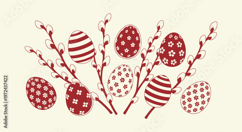 Easter Eggs with Pussy Willow Branches Illustration, Red Outline Decorative Spring Festive Graphic