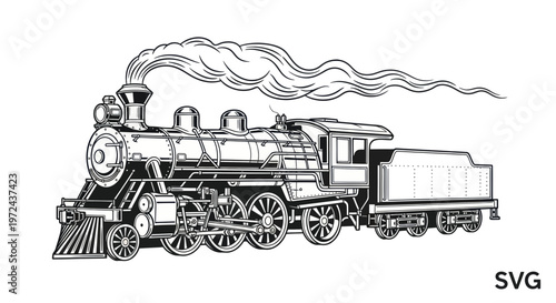 Vintage Steam Locomotive Train, Black and White Line Art Illustration