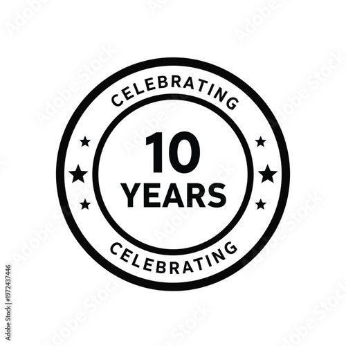 A black circular badge proudly announces a decade of achievement with the number 10 and stars