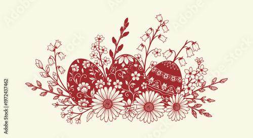Vintage style floral Easter egg illustration with daisies and pussy willow branches for holidays.
