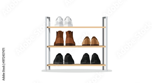 Vector illustration of a modern shoe rack with various pairs of footwear on shelves