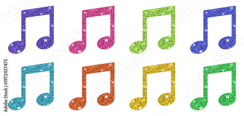 Set of glitter music note stickers in bright rainbow colors, isolated on white background. Sparkling musical symbols with shiny texture, perfect for party, kids, melody, sound, and fun themes.