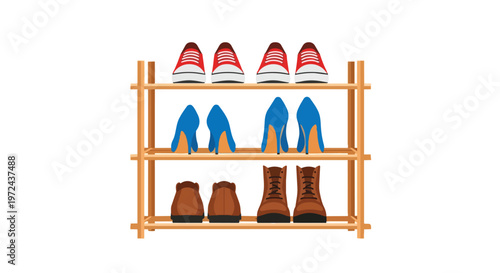 Wooden shoe rack with various types of footwear on white background