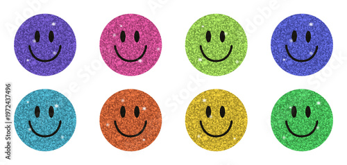 Set of glitter smiley face stickers isolated on white background. Sparkling round emoji icons in purple, pink, green, blue, orange, and yellow with shiny texture and cheerful expressions.