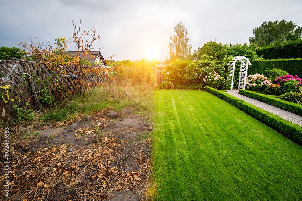 Fototapeta premium Before and after garden transformation showing neglected messy yard versus clean landscaped outdoor space, ideal for real estate marketing, home improvement and landscaping service promotion.