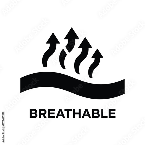 A simple black and white icon depicts air flowing upwards from a wavy line labeled breathable