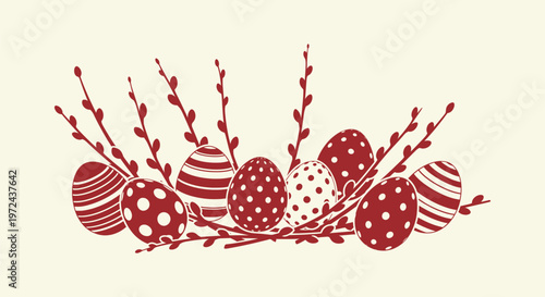 Red Decorated Easter Eggs with Pussy Willow Branches, Minimalist Graphic Design for Spring Holidays