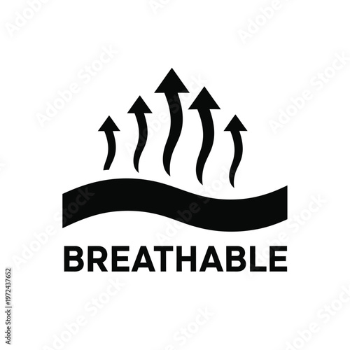 A black and white graphic depicting breathability with wavy lines and upward pointing arrows labeled breathable high quality professional detailed