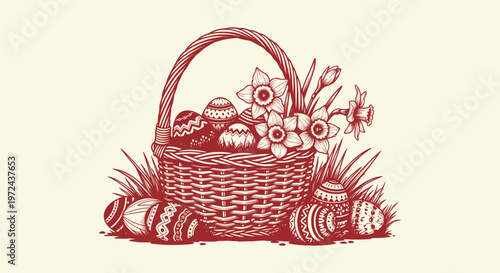 Red Line Art Illustration of an Easter Basket Filled with Decorated Eggs and Spring Daffodils