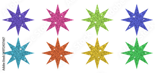 Set of glitter star stickers in bright rainbow colors, isolated on white background. Sparkling eight-pointed starburst symbols with shiny texture in purple, pink, green, blue, orange, and gold.