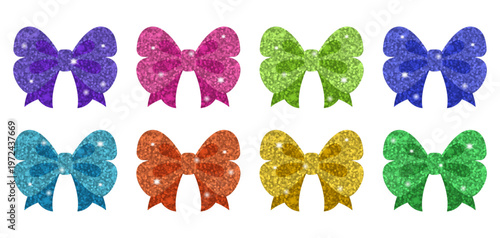 Set of glitter bow stickers in bright rainbow colors, isolated on white background. Sparkling ribbon bows with shiny texture in purple, pink, blue, green, orange, and gold for party themes and crafts.