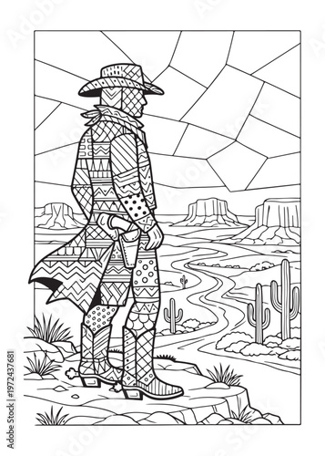 Cowboy in patterned outfit overlooking desert canyon landscape with winding river western themed black and white line art illustration