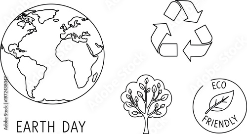 Earth Day eco friendly illustration set with globe recycling symbol tree and sustainability badge for environmental awareness design concept