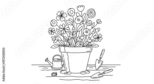 Potted Flowers with Gardening Tools.