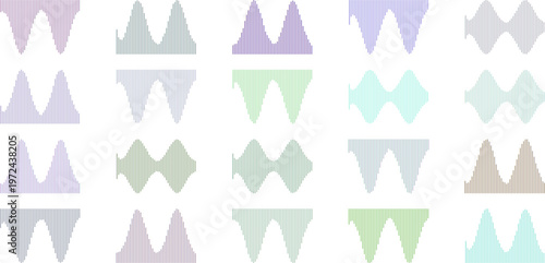 Minimalist sound wave collection featuring 20 vector audio frequency icons, abstract digital signal waveforms in soft pastel colors like lavender mint and peach