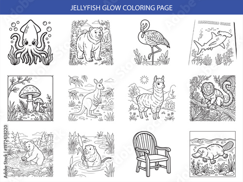 Ocean and forest animal coloring page set featuring squid bear flamingo shark and platypus for creative children art books
