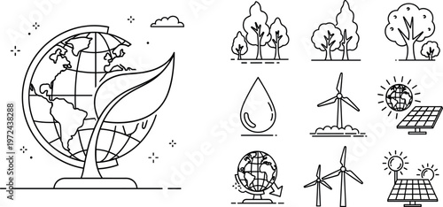 Eco friendly home and renewable energy illustration with green house wind turbines earth concept and sustainable living elements