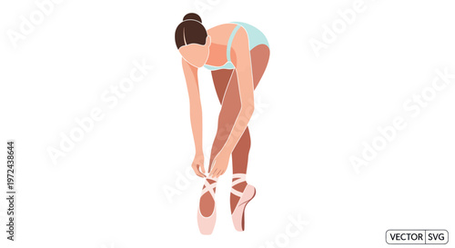 Ballet dancer tying pointe shoe ribbons, elegant pose, isolated on white background