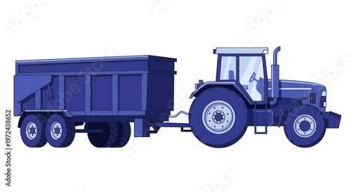 Blue Tractor with Trailer, Agricultural Vehicle, Farming Machine