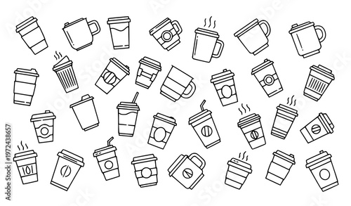 Modern coffee cup stroke icon set takeaway paper cup and mug outline beverage collection vector illustration