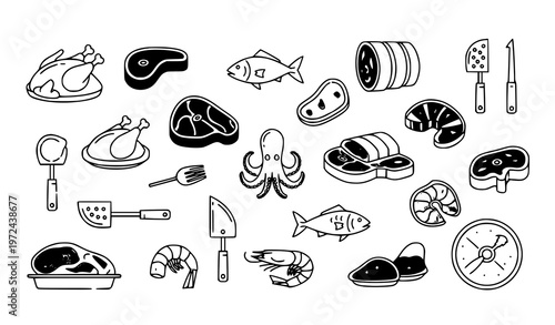 Modern meat stroke icon set seafood and food outline icons chicken beef fish vector illustration collection