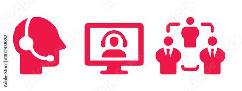 set of five red communication and business icons, featuring megaphone, support agent, video call, team network, and notification chat bubble, corporate and digital interaction concept, clean flat 