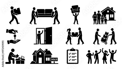 Moving and Relocation Silhouette Icon Set – Packing, Delivery, New Home and Family Moving Process