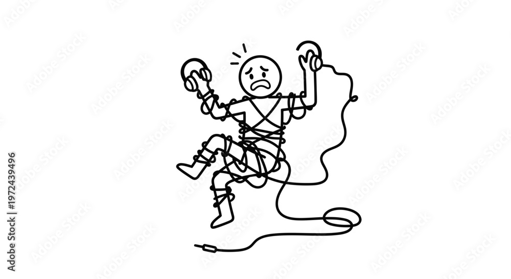 Obraz premium Frustrated person tangled in headphone cables vector illustration design element for tech themes