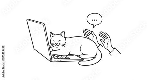 Funny Cat Interfering with Remote Work on Laptop Computer Line Art Vector Illustration