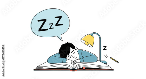 Exhausted Student Falling Asleep While Studying on an Open Book Vector Illustration
