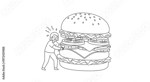 Person Struggling With A Giant Hamburger Fast Food Concept Illustration Vector