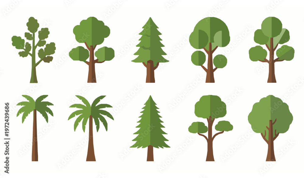 Fototapeta premium Flat tree set isolated on white background various forest and park trees vector collection