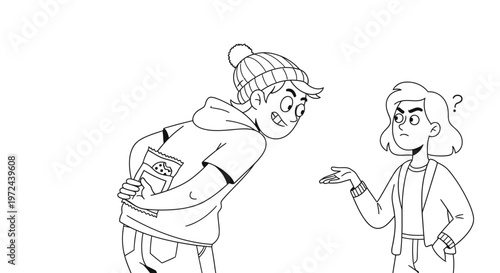 Man Hiding Snack Bag Behind His Back from Suspicious Friend Cartoon Vector Illustration