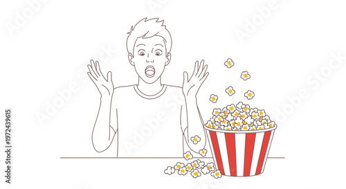 Surprised person watching movie with overflowing popcorn bucket vector illustration design element