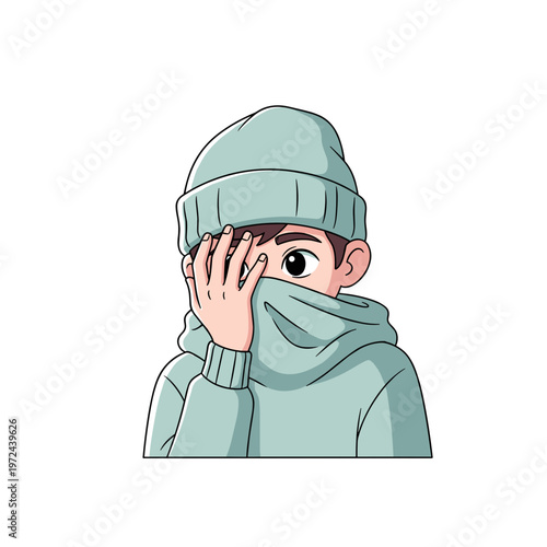 Adolescent boy covering face with hat and scarf in light clothing  