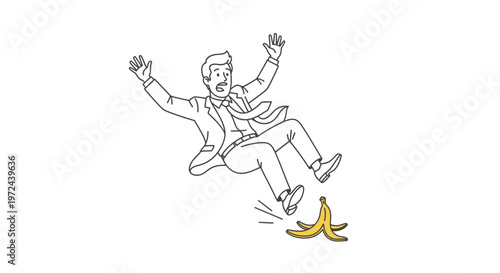 Funny Businessman Slipping on a Banana Peel Vector Illustration for Business Risk Concept